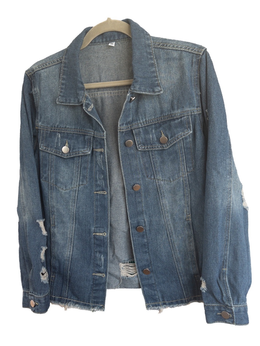 Distressed Medium Wash Denim Jean Jacket Raw Hem Women’s Size M